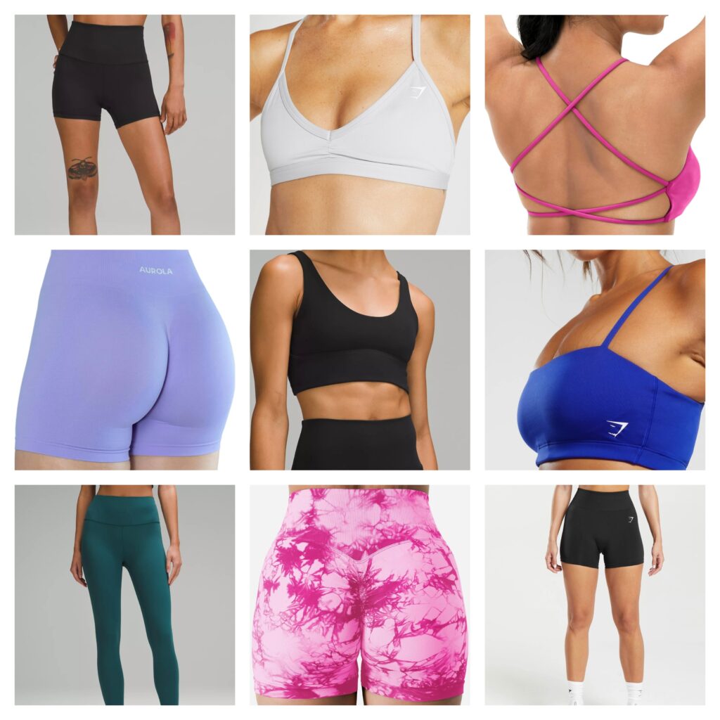 six photos showcasing sports bras, workout shorts, and leggings.